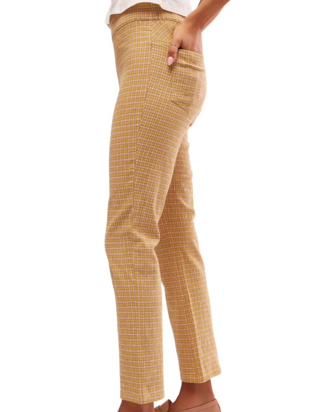 Free People In My Feelings Slim Crop Gingham Plaid Pants in Yellow - Picture 3 of 11